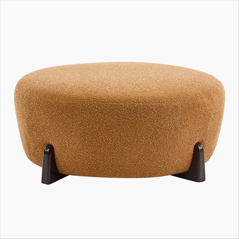 Modish Round Ottoman: Boucle Top With Splayed Rubber Wood Legs, Pumpkin Orange, Orange, Brown