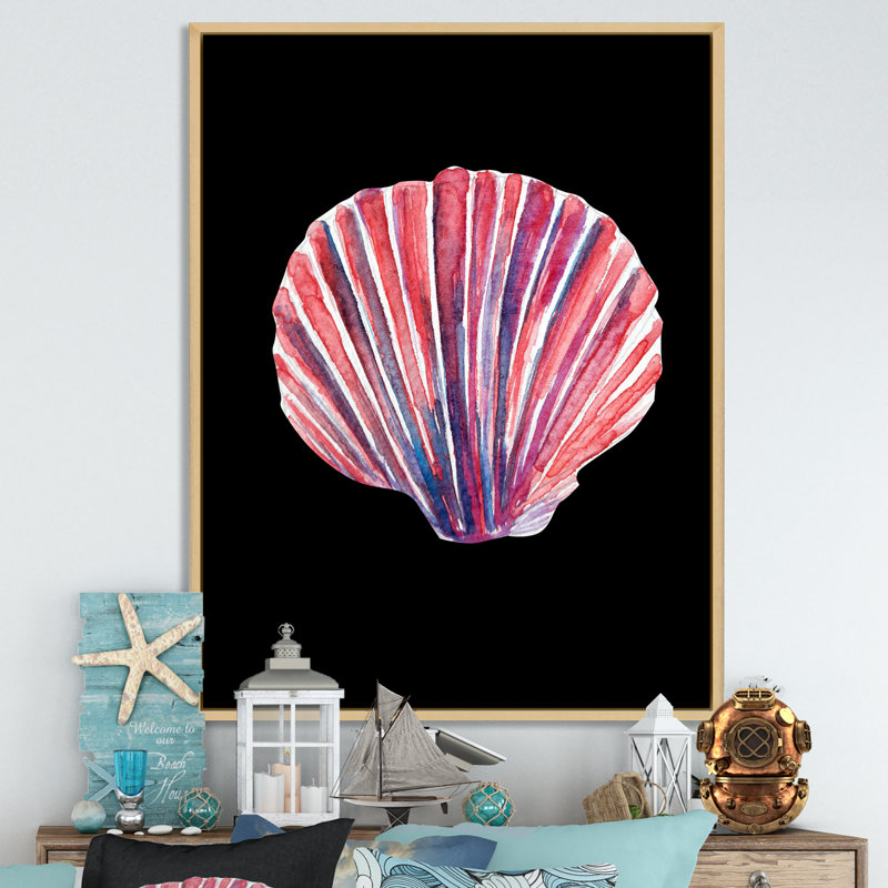 Coquillage sur fond noir - peinture, H 12 po x l 8 po x P 1 po, Toile brune avec cadre flottant