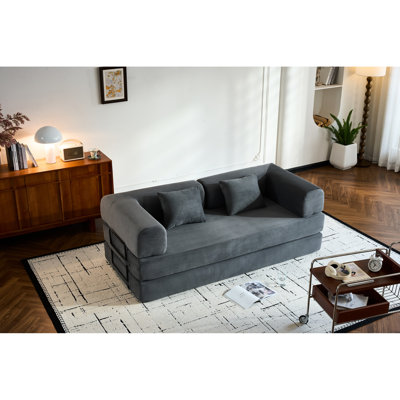Lit convertible en velours côtelé, conception 4 en 1, structure de forme fixe, coussin cylindrique, gris, idéal pour les petits espaces de vie, lit à siège moyen et moelleux avec oreiller et chambres d'amis