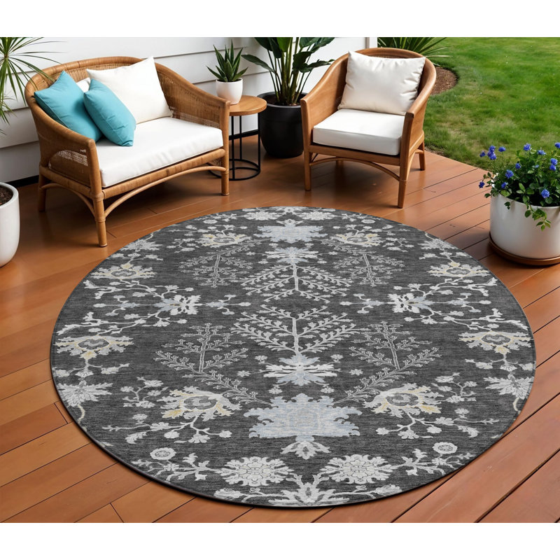 Tapis d'intérieur rond lavable floral gris anthracite et beige 8 pi