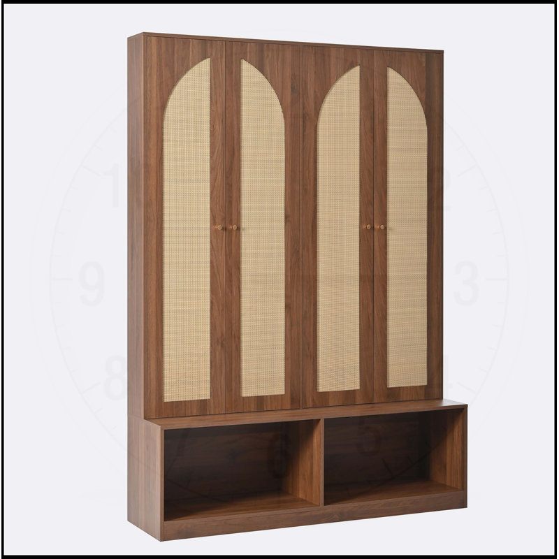 Farmhouse Widen Hall Tree with 4 Rattan Doors, Versatile 4-In-1 Seating Bench with 6 Hooks, Mid-Century Entryway Shoe Cabinet, Walnut