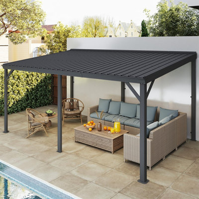 10'x16' Hardtop Wall Mounted Gazebo, Expandable Lean to Gazebo Pergola with Gutters & Galvanized Steel Roof, 60MPH Wind Resistance Outdoor Heavy Duty Canopy Sun Shade for Patio, Backyard - Grey