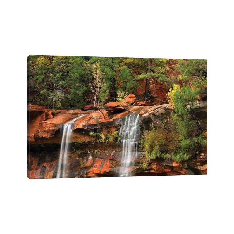 Cascades Tumbling 110 Feet at Emerald Pools, Note the Black Streaks Called Desert Varnish, Zion National Park, Utah II 1 Piece Wrapped Canvas Wall Art