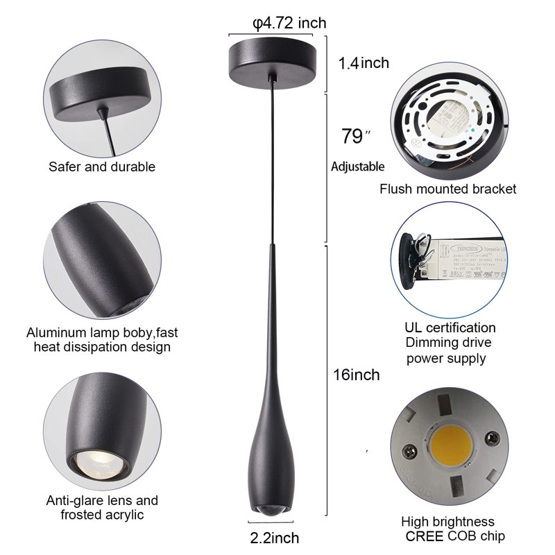 Luminaire suspendu pour îlot de cuisine, Noir mat