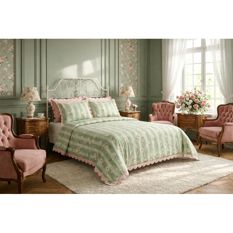 MXM FUN DUVET SET DAISY - SCALLOP EDGE GREEN, Single, Green