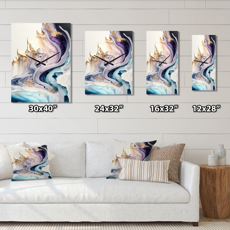 Blue, Gold Abstract Waves II - Abstract Modern Wall Clock, 32" H x 24" W x 1" D
