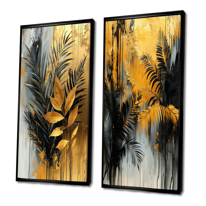 Minimalisme, fougères dorées, symphonie tropicale III - art mural floral, collection 2 pièces, H 28 po x l 25 po
