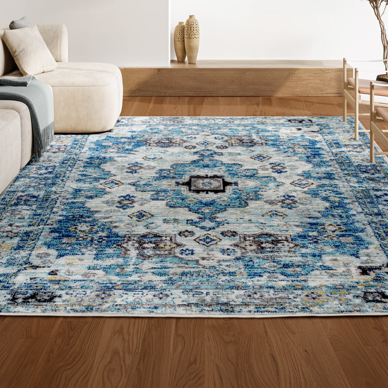 Latshaw Modern Persian Boho Vintage Medallion Cream/Blue Rug, Rectangle 7'9" x 10'