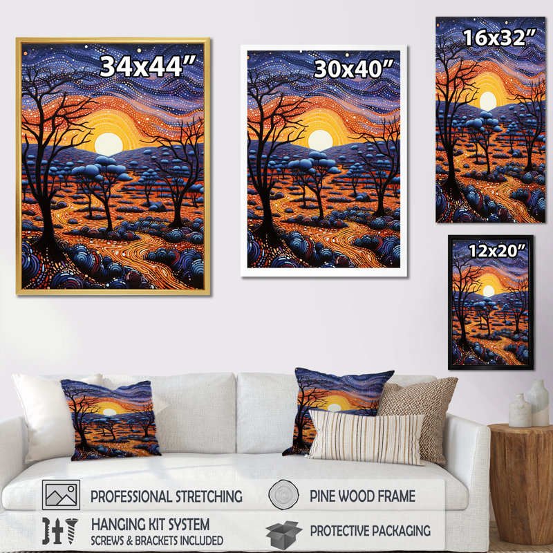 «Native Ancestral Sunrise Landscape» sur toile, Cadre simple noir, H 40 po x l 30 po x P 1,5 po