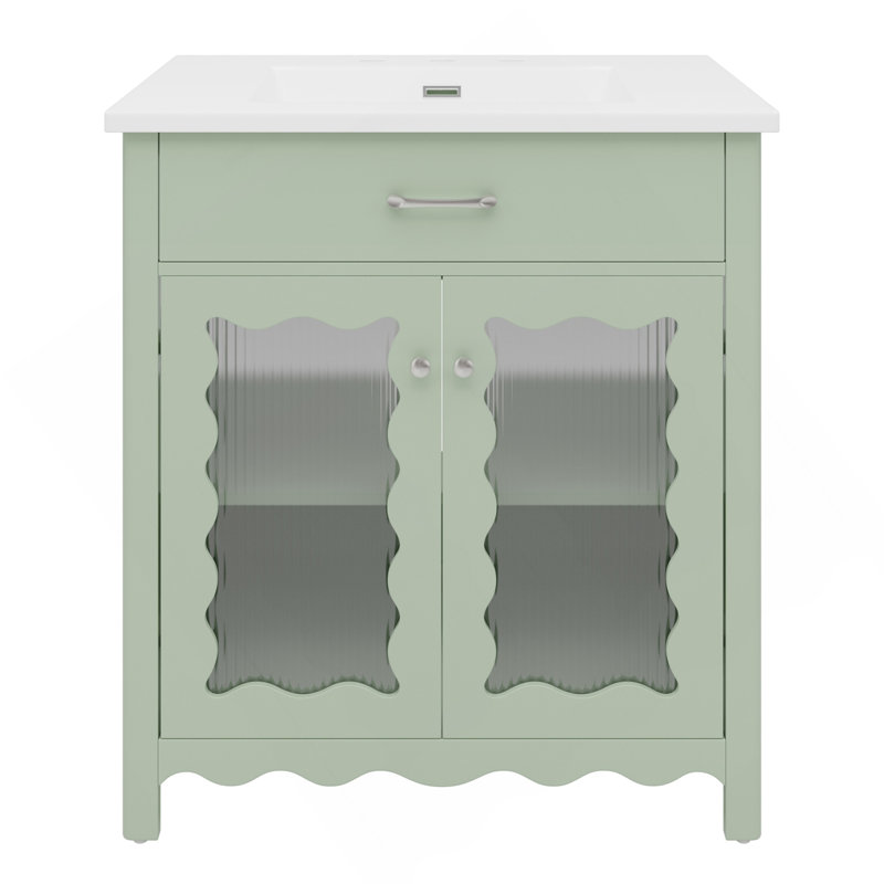 Meuble-lavabo de 31 po avec verre trempé, armoire de salle de bain moderne avec pieds en bois d'hévéa et portes à fermeture en douceur 