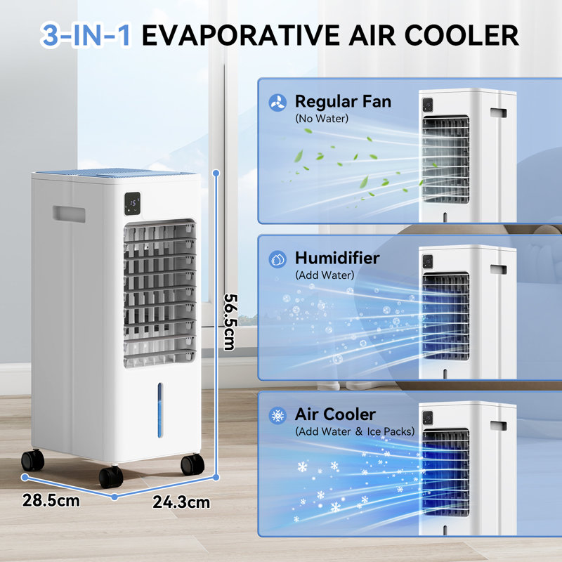 8L Portable Air Cooler Fan with 4 Ice Boxes, 3-in-1 Digital Cooling Conditioner Humidifier with 12H Timer and Remote