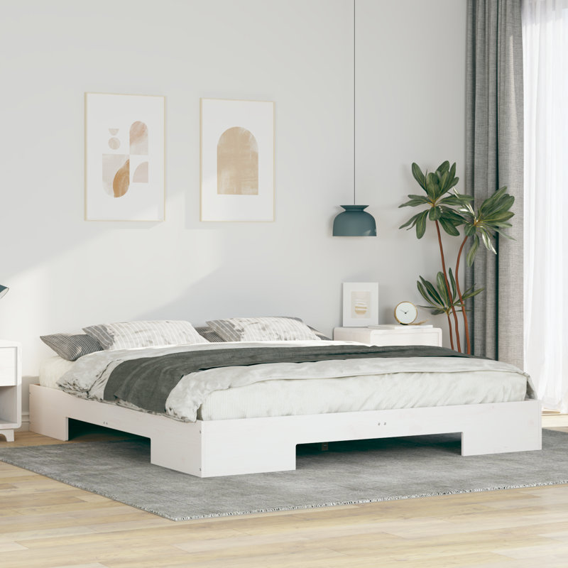 Floor Bed Frame With Storage Solid Pine Wood, White, Super King (6')