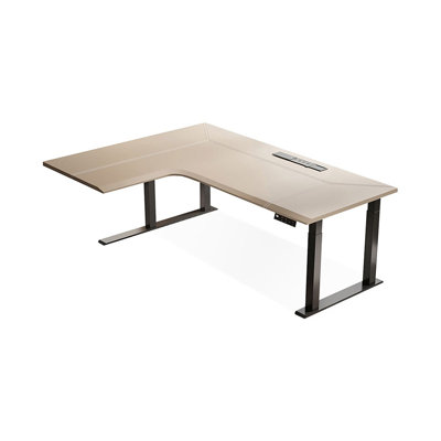 Café clair + bois en forme de L noir réglable en hauteur et bureau en acier laminé à froid