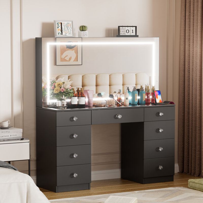 Casanookk Makeup Vanity Desk With Large Mirror And Lights,vanity Table With Glass Top,9 Drawers,3 Color Modes,sliding 2 Wall Mounted Jewelry Storage Racks,suitable For Bedroom Ladies And Girls (black)