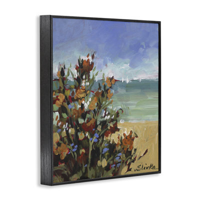 Sailboats In Distance with Florals Giclee Art, design by JANE SLIVKA