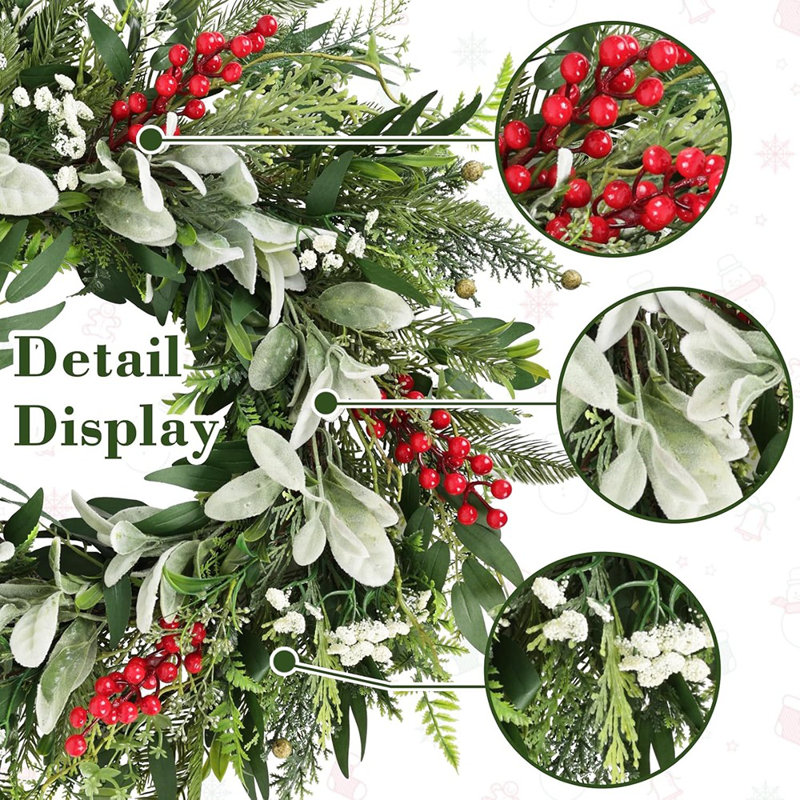 Couronne de Noël artificielle - vert / rouge - eucalyptus et conifère avec baies rouges, décoration de Noël intérieure / extérieure