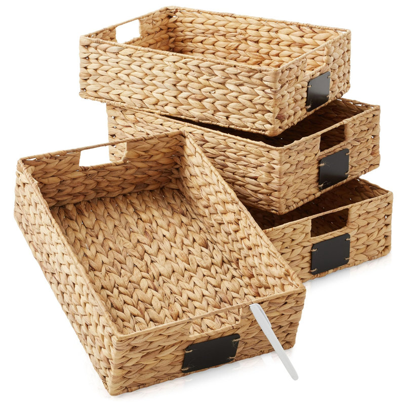 Water Hyacinth Pantry Baskets with Chalkboard Labels and Chalk Marker,Storage Baskets,Set of 4