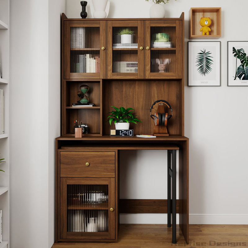 Bureau d'ordinateur avec porte vitrée et bureau rotatif à 90 degrés, Noyer