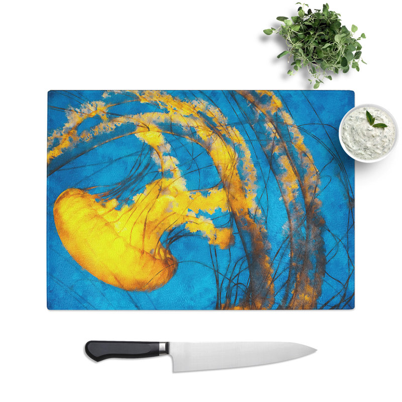 Tempered Glass Jellyfish Painting Chopping Board, 28.5 cm x 39 cm