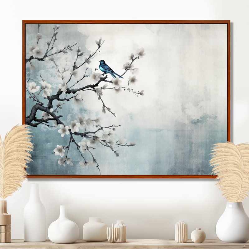 Art asiatique, Sumi oiseau sérénité, art asiatique, H 30 po x l 40 po x P 1,5 po, Cadre flottant brun