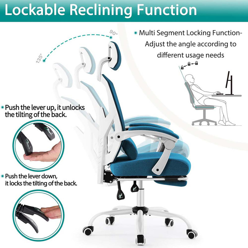 Home Game Chairs With Footrest, High-Back Mesh Rolling Swivel Reclining Chairs With Wheels, Comfortable Headrest, Lumbar Support, Comfy Arms For Home, Game Chairs, Student, Blue
