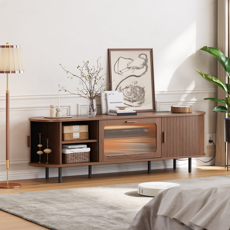 TV Stand for TVs up to 80'' With Glass Flip Doors, LED Lights & Hidden Power Strip, Walnut