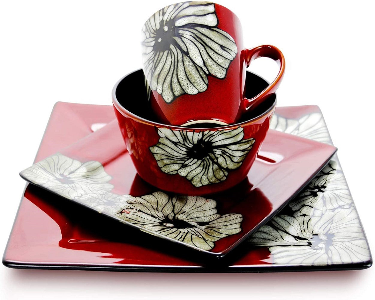 Lark Manor™ Elama Stoneware Breckin Collection, 16 Piece, Red With White Flower Accents