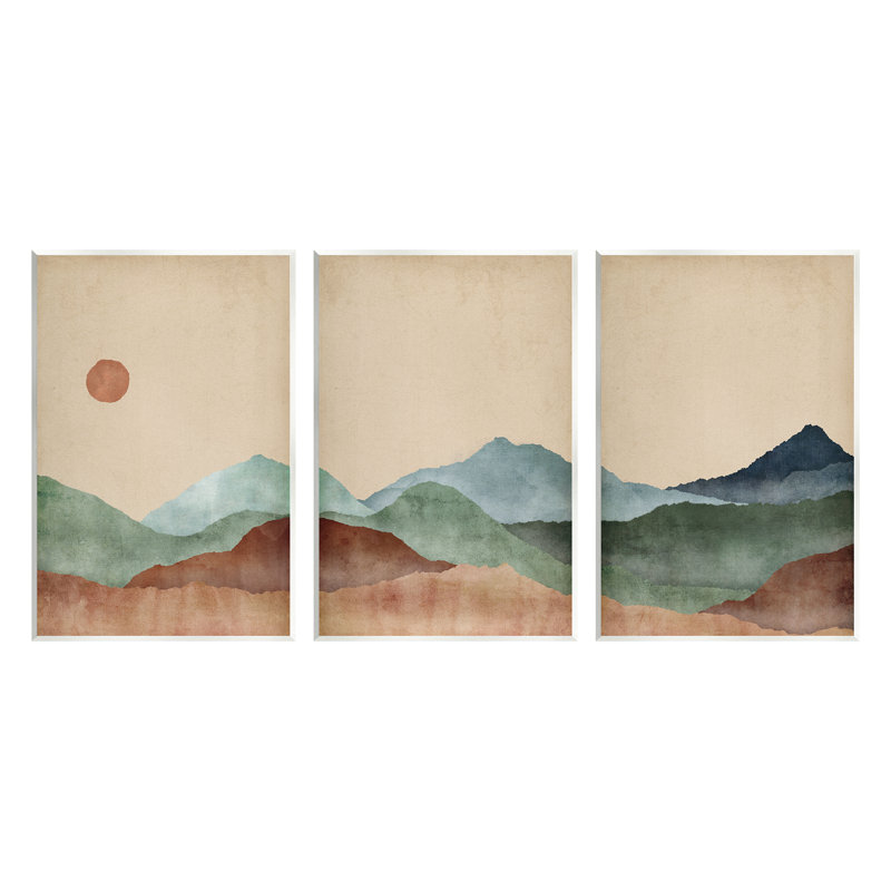 «Abstract Mountains Landscape Moon» par Sally Swatland, ensemble de 3 impressions, H 15 po x l 30 po x P 0,5 po, Bois