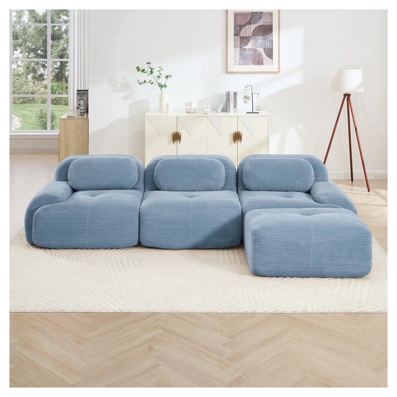 Canapé modulaire en L bleu en velours côtelé modulaire, aucun assemblage requis pour les animaux de compagnie