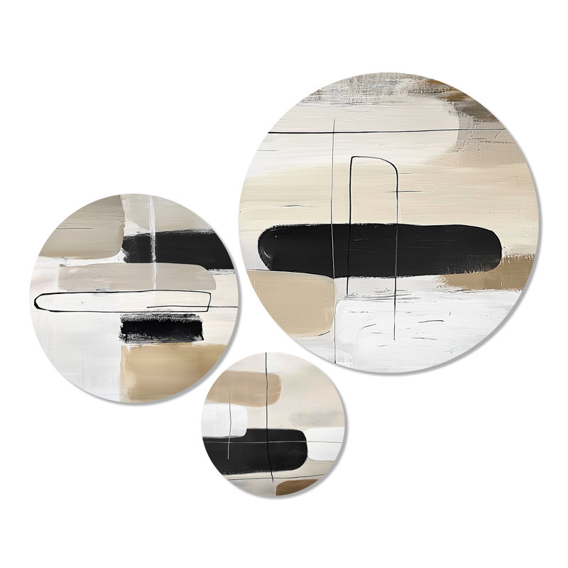 Minimal et géométrique Compositions dans des tons naturels - abstrait Mid-Century, ensemble de 3 reproductions d'art mural en métal