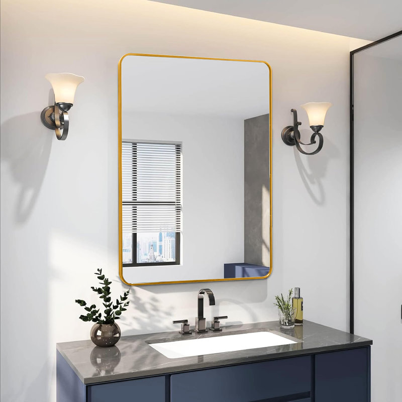 Miroir mural de salle de bain rectangulaire 24 po x 36 po avec cadre en aluminium rouille, miroir transparent de 4 mm de hauteur, film incassable, alliage facile à installer, simple et rapide
