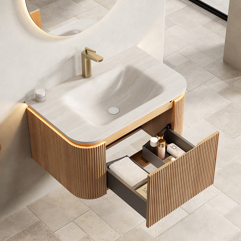 Meuble-lavabo flottant 30 po en pierre frittée intégrée en travertin, lumière DEL à capteur, armoire en bois naturel rayé 3D, tiroir à fermeture en douceur
