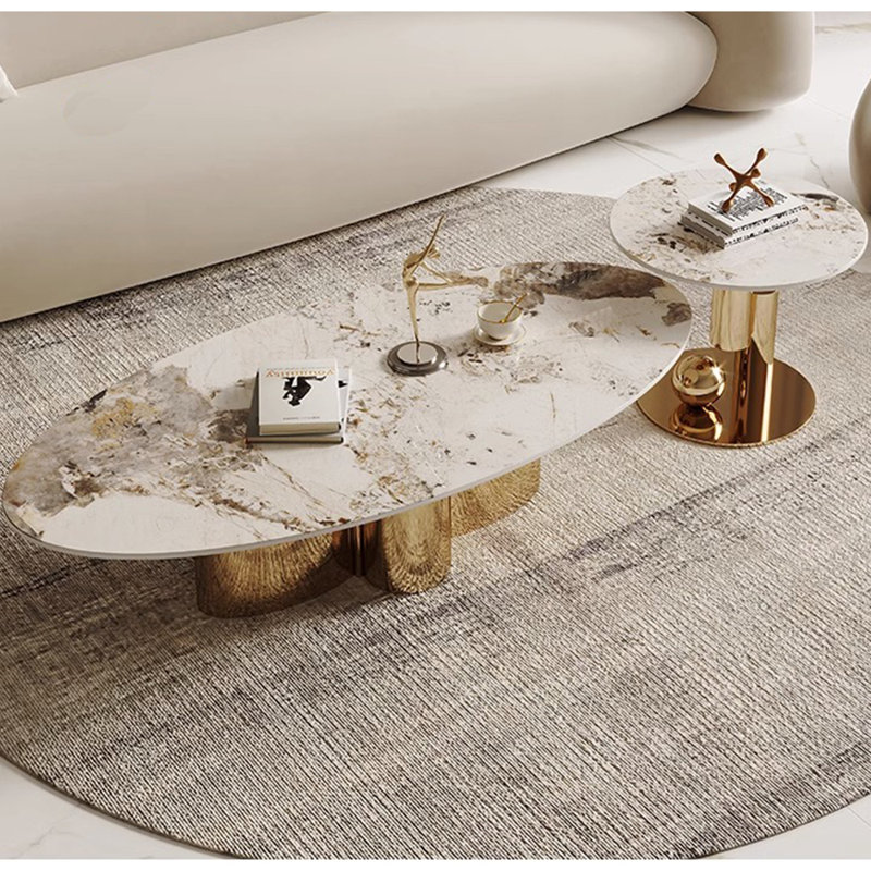 Table basse moderne et ovale haut de gamme, Brun / blanc / or, H 15,7 po x L 51 po x P 27,5 po