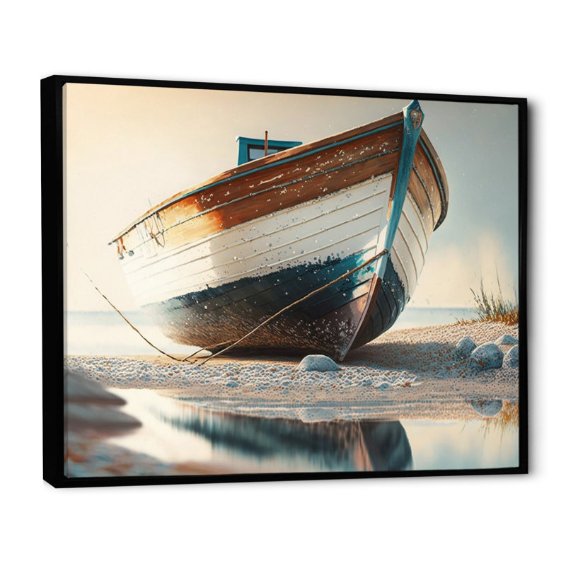 Bateau sur le rivage I - reproduction sur toile de bateau côtier, 12" H x 20" W, Cadre flottant noir