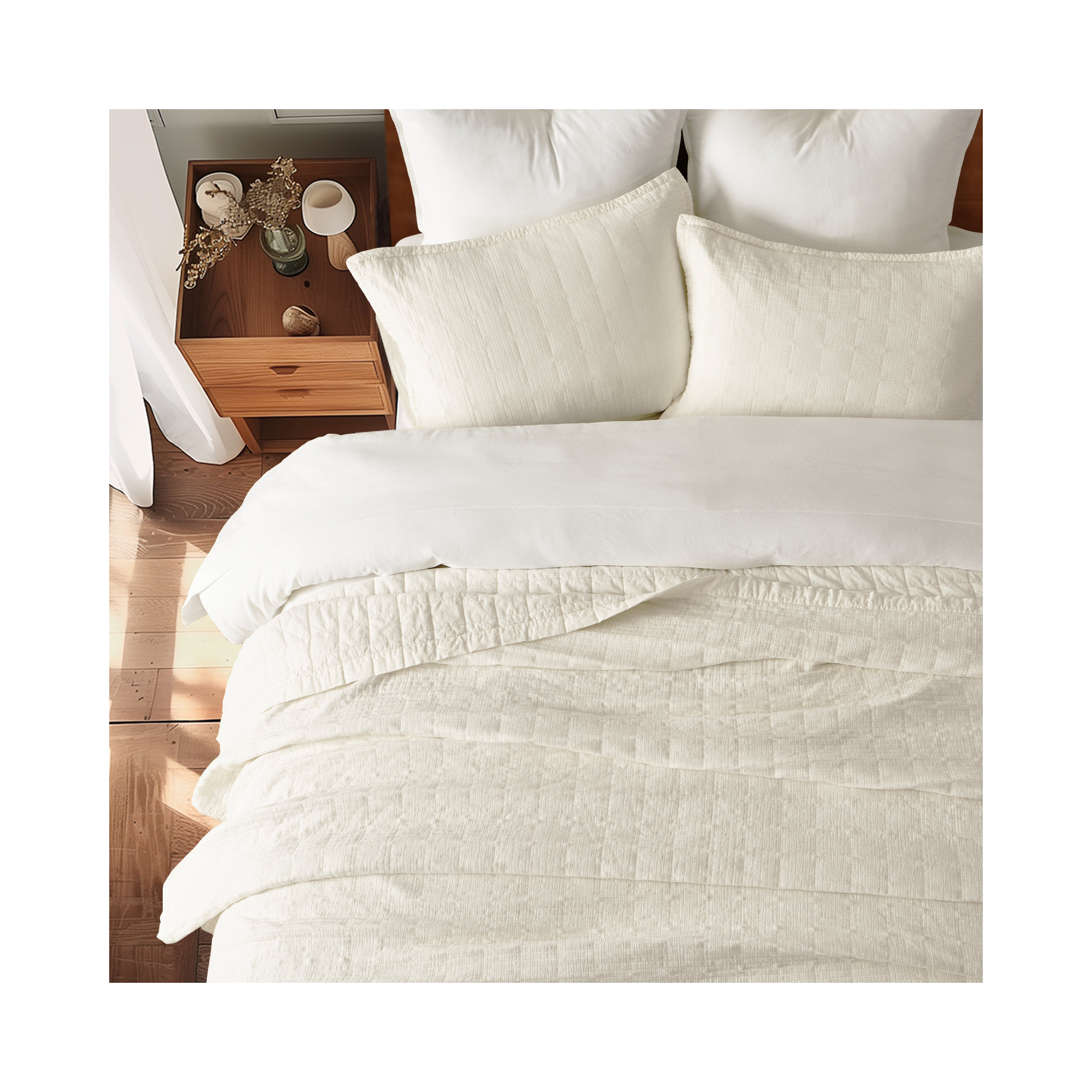 Stonewashed Crinkle Cotton Box Stitch Quilt Set, Queen Quilt + 2 Queen Shams, Ivory White