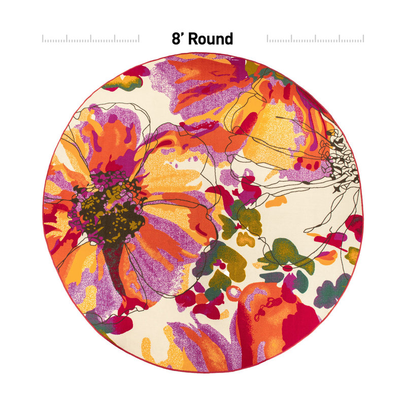 Florentia Floral Tufted Orange/Pink/Ivory Non-Slip Rubberback Area Rug, Round 8'