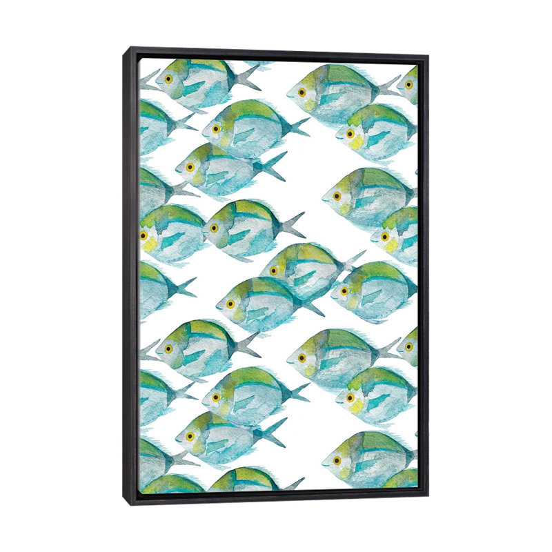 Motif de poissons - imprimé, Pas de tapis, H 60 po x l 40po x P 1,5 po, Toile avec cadre noire patinée