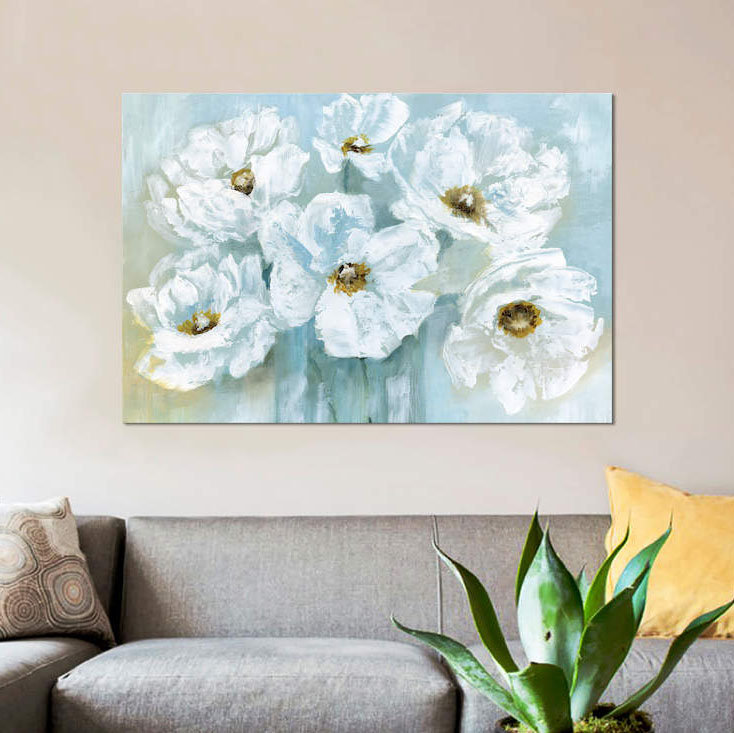 « white popy bouquet », impression sur toile, H 18 po x l 26 po x P 1,5 po