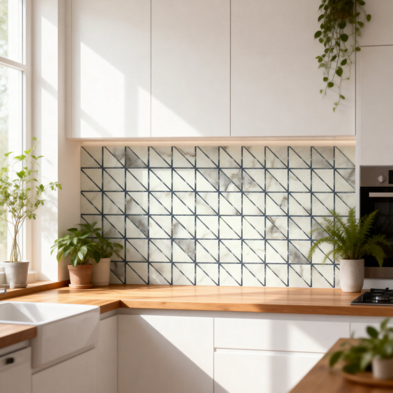 Carrelage mosaïque en verre 0,75 po x 0,75 po Art Deco Triangle, Carrare Bianco