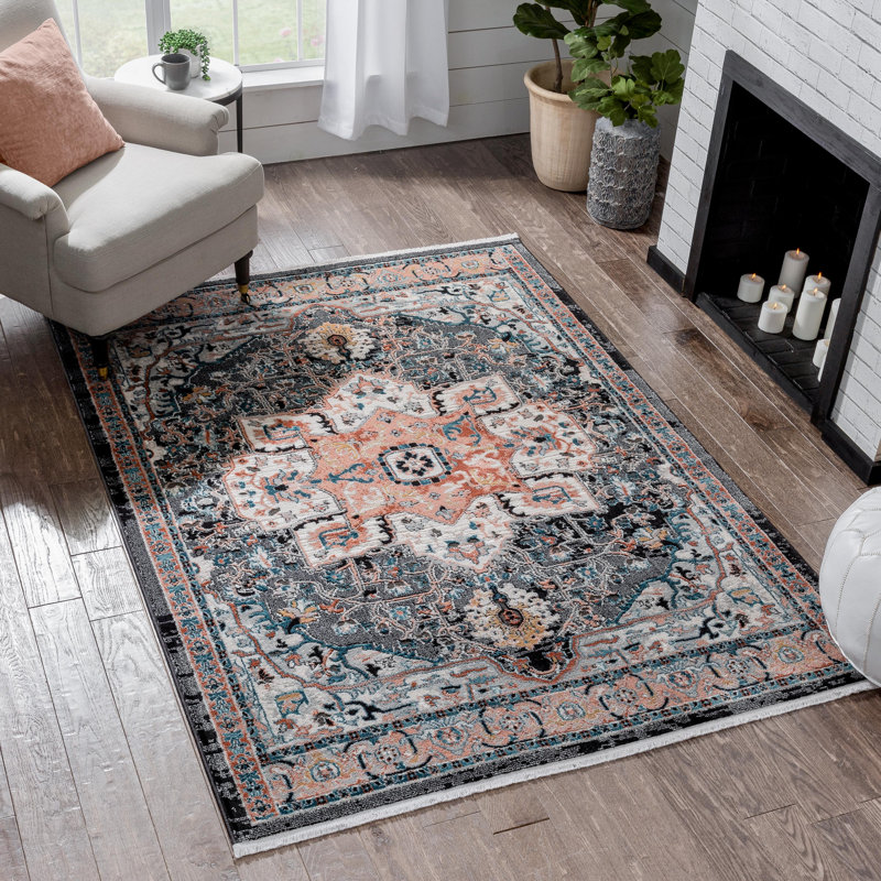 Tapis noir rétro à motif floral bohème Espinal Minos, Rectangle 5 pi 3 po x 7 pi 3 po