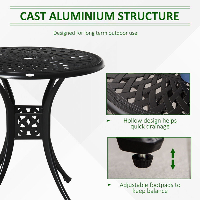 Table bistro ronde en aluminium coulé 30,75 pouces avec trou pour parasol 2 ", table de salle à manger d'extérieur en treillis noir pour jardin