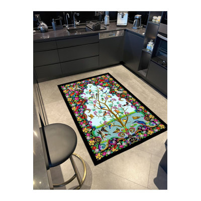 Colorful Tree and Floral Patterned Modern Decorative Machine Washable Rug