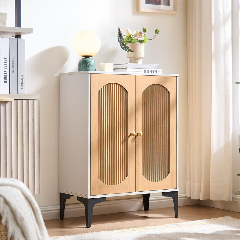 Armoire de rangement cannelée, blanc et chêne naturel, 1 pièce, White/Natural Oak
