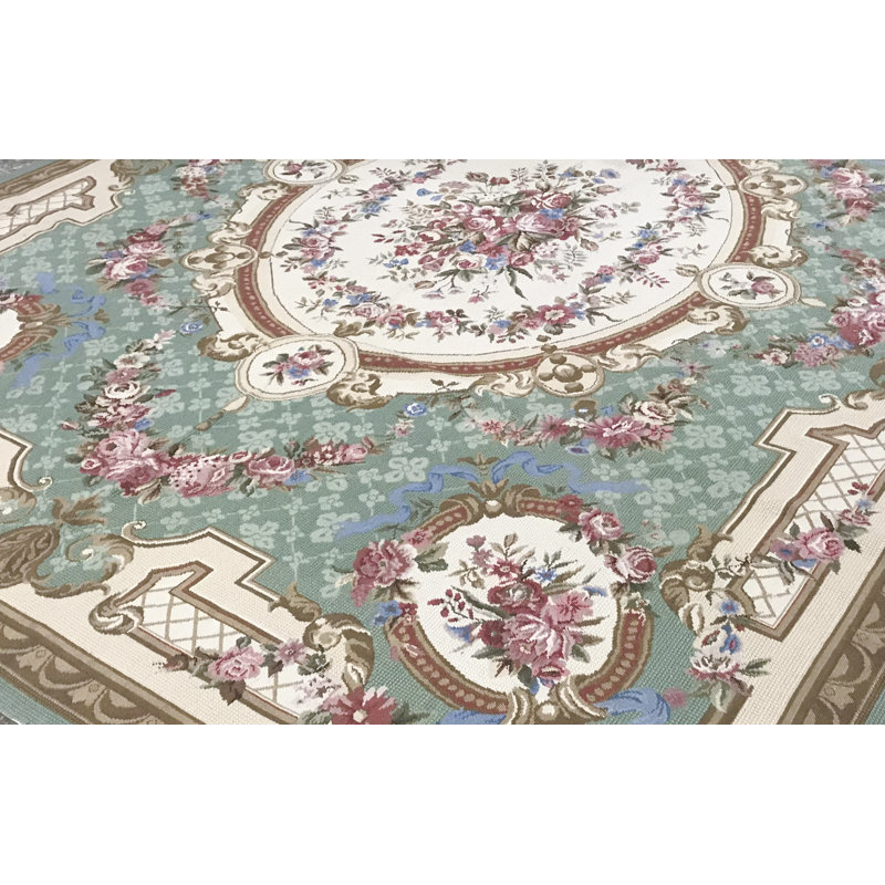 Needlepoint Hand-Knotted Wool Oriental Area Rug in Green/Beige