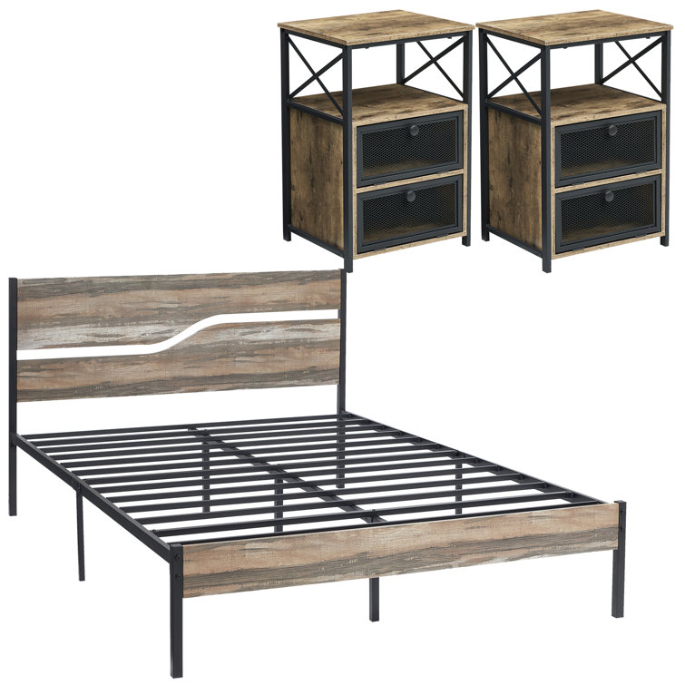 3 Piece Bedroom Set Wood Bed Frame And Nightstand Set Mattress Foundation With Side Table Set