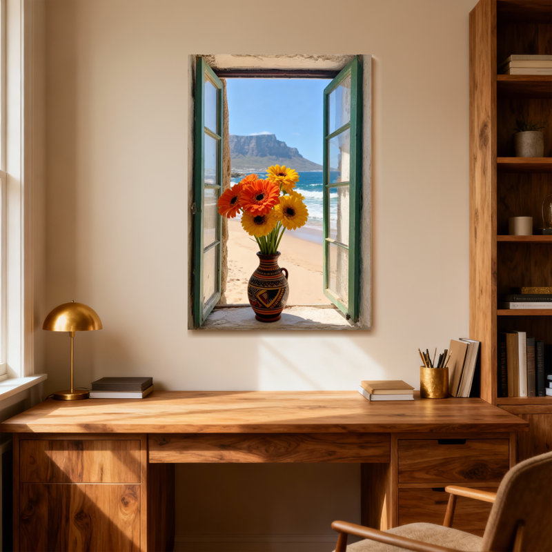 Paysage et nature, vue sur l'océan avec fleurs et montagne, H 18 po x l 12 po