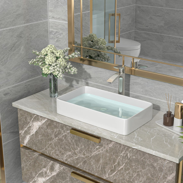 Beslend 14'' White Ceramic Rectangular Vessel Bathroom Sink | Wayfair