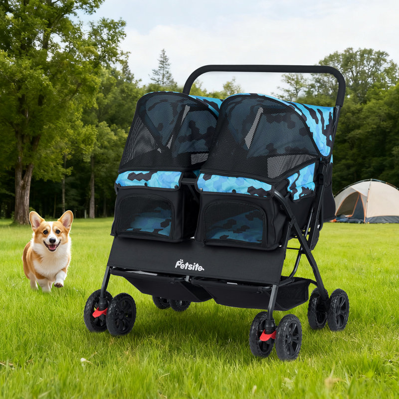 Double Pet Stroller w/ 2-seater Carrier Adjustable Sunshade Removable Pad Navy Blue, Navy Blue