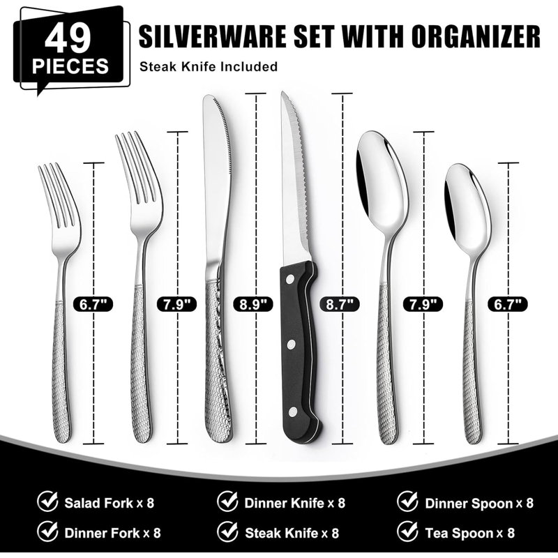 49-piece Round Hammered Silverware Set With Organizer