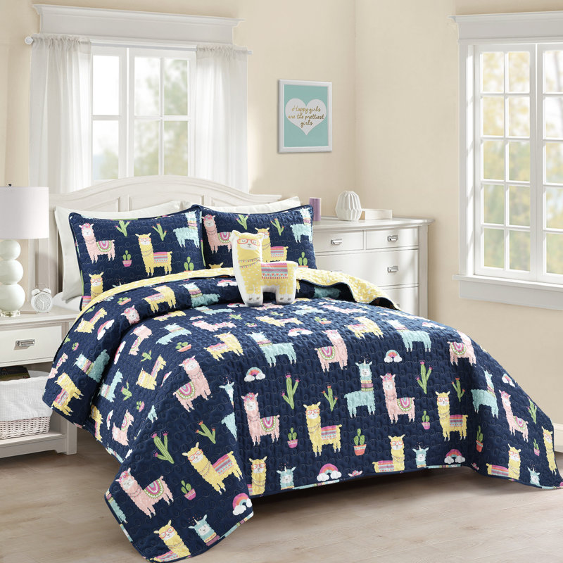 Ensemble de courtepointe réversible Southwest Llama Cactus, Bleu marine et jaune
